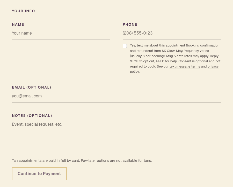 SK Glow booking form: a phone number field with an unchecked, optional checkbox under it that reads: Yes, text me about this appointment (booking confirmation and reminders) from SK Glow.